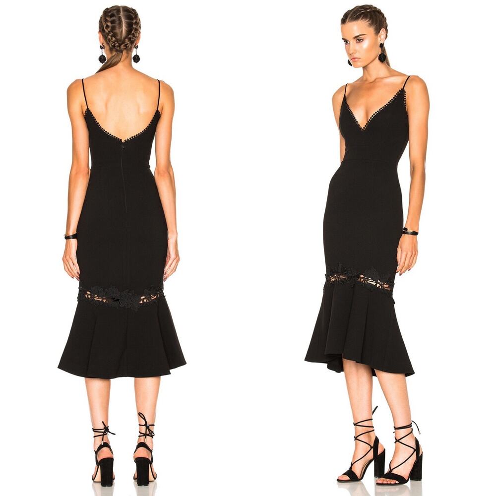 NICHOLAS Crepe Fitted Panel Dress Black Size 0‎ Lace Embroidered Flounce Hem